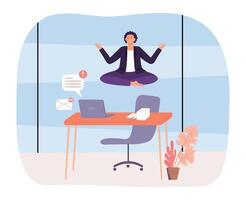 Office yoga. Employee sitting in lotus position. Worker levitating over desktop with laptop. Character receiving notifications vector