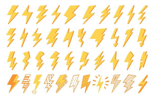 Flash icon. Lightning strike clipart symbol, electric power and electricity logo, nature thunderbolt yellow shape. Vector isolated thunder light pictogram set
