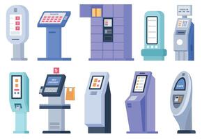 Flat self order terminals and kiosks with touchscreen display. Digital interactive service board for tickets, atm and checkout vector set