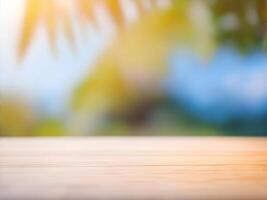 Empty wooden deck table over blurred nature background. Smooth stage for trendy product presentation. photo