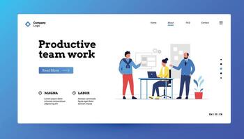 Teamwork landing page. Business team of office characters working together, technology start up and creative work concept. Vector web site template