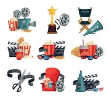 Cartoon cinema concept, reel and camera, popcorn and drink vector