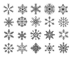 Snowflake collection. Abstract frozen ice frost icons Christmas New year holiday decoration, white snowfall decorative elements different shapes. Vector set