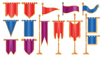 Medieval cartoon flags. Old victorian cloth for UI game design assets, classical flagstaff pennant flagpole icons video gaming concept. Vector isolated set