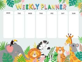 Weekly planner for kid. Child schedule for week with tropical jungle animals and plants. Calendar for elementary school student vector table