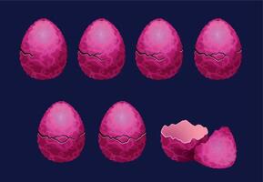 Dragon egg animation. Cartoon magic fantasy elements cracked broken shell UI game assets, dino baby birth eggshell GUI sprite graphic. Vector set