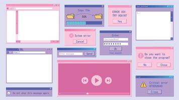 Retro computer window. Retrowave internet browser, frame folder, pop-up message 90s design. Vector old software UI set