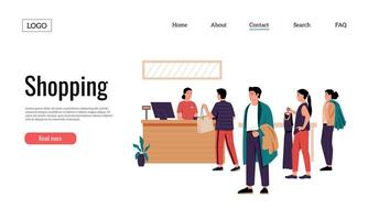 Clothing shop landing. Fashion boutique queue web site template with cashier checkout standing and customers line. Vector web page