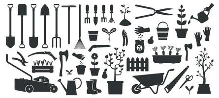 Black gardening tools. Flat garden instruments silhouettes, village agricultural equipment scissors axe shovel rake scoop pot. Vector simple set