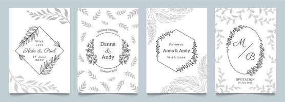 Wedding minimalistic card. Invitation template with floral frames and foliage ornamental decorative elements. Vector set of simple cards with flower borders