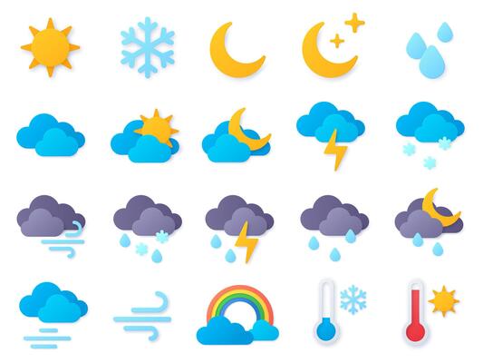 Paper cut weather icons. Symbols of rain, rainbow, sun, hot and cold temperature, winter snow and cloud. Meteo forecast pictogram vector set