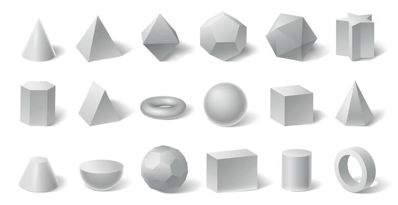 White geometric 3d shapes. Geometry form for education. Hexagonal and triangular prism, cylinder and cone