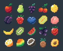 Pixel fruits. Cartoon 2D game sprite asset with apple banana mango citrus pineapple cherry, 8-bit collection of fruit signs for game development. Vector set