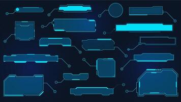 Futuristic callout titles. Virtual sci fi textbox for HUD. Tech hologram data frames. Cyber UI callouts. Digital layout element vector set