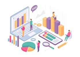 Isometric business analysis. People work with data charts, statistics graph and metrics on computer screen. Finance analytics vector concept