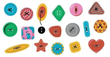 Clothing buttons. Cute colored sewing elements, needlework icons flower circle sun star moon shapes for fabric dressmaking. Vector isolated set