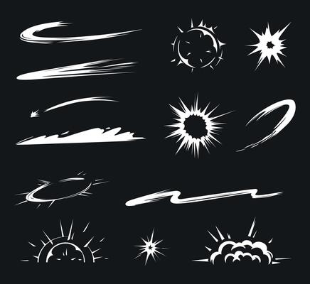 Comic energy explosion. Trace from dynamic movements, running, smash and hit. White dust for game animation asset