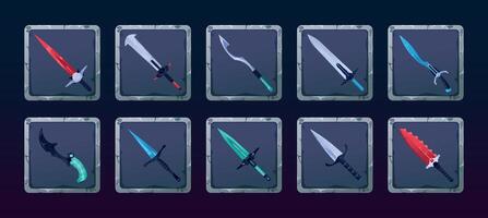 Game weapon inventory. Cartoon medieval fantasy swords rpg sprite game asset, warfare knight broadsword ammunition power skill. Vector collection