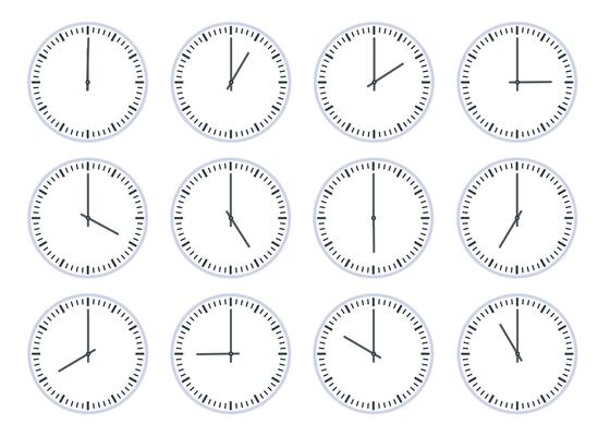 Analog circle clock show time every hour icon. Flat watch face with 12 oclock, timer animation. Wall clocks one to twelve hours vector set