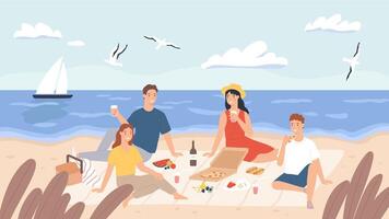 picnic a playa. grupo de amigos frío y comer comida en mar costa. contento hombres y mujer tener almuerzo exterior. fiesta en playa vector concepto