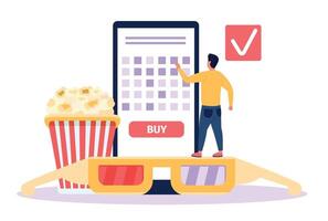 hombre comprando cine Entradas en línea. minúsculo persona reservando película asientos vía teléfono inteligente solicitud. masculino personaje utilizando artilugio vector