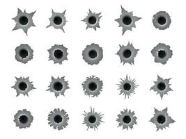 Shot holes. Gun bullet circle crack, ragged circular damage destruction torn hit on surface, peeling gap fissure elements. Vector isolated collection