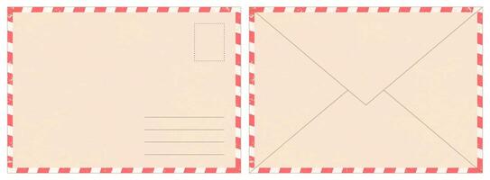 Blank retro postal envelope. Old vintage air mail letter. Craft paper correspondence envelopes back and front view realistic vector mockup