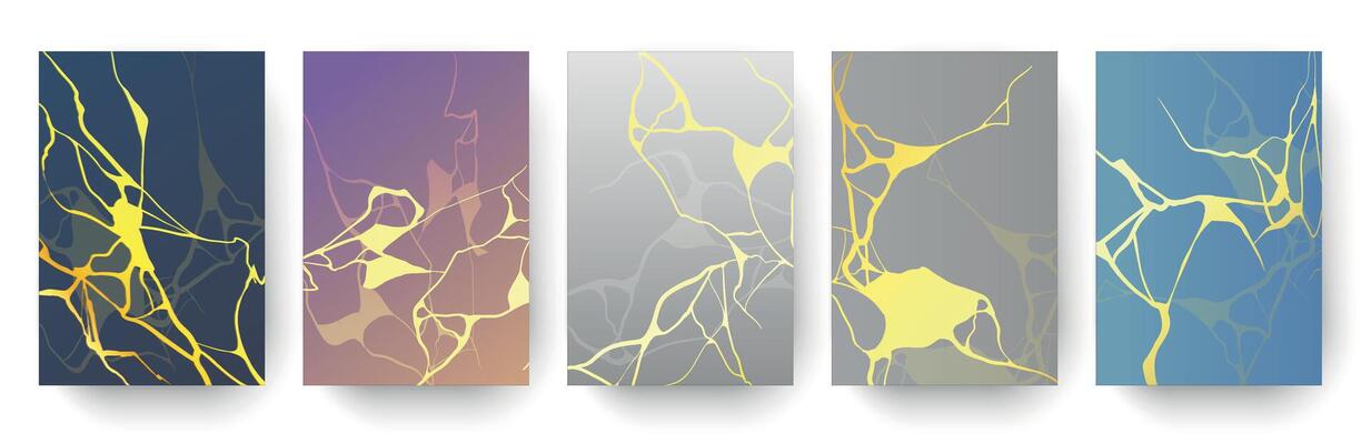Posters with japanese gold kintsugi cracks, marble texture. Repaired broken pottery with golden lines. Luxury art prints design vector set