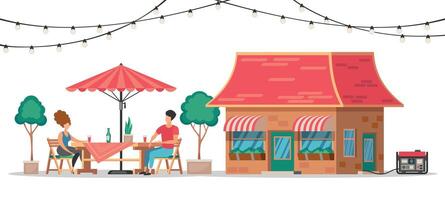 Restaurant with generator. Cartoon people characters sitting in cafe with portable alternator generating electrical power, electricity energy concept. Vector illustration
