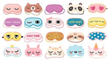 Masks for dreaming. Night mask with cute girl eyes, sleep quotes, panda, bear and cat faces. Cartoon animal mask for pajama print vector set