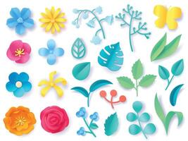 Paper cut plant leaves. Realistic 3d origami twigs, flowers, branches and grass. Spring and summer pastel blossom. Floral craft vector set