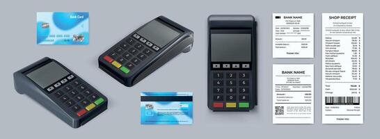 realista 3d pos máquina parte superior vista, crédito tarjetas y recibo. sin efectivo pago Terminal. tarjeta lector dispositivo impresión papel cuentas vector conjunto