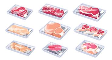 Cartoon meat pack. Frozen vacuum-packaged leg quaters sausages ham, tray with steaks pork beef lamb packed by transparent kitchen film. Vector set