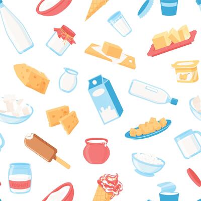 Dairy products pattern. Seamless print of milk in various packages and glass, cheese yoghurt butter cottage cheese organic farm products. Vector healthy food texture