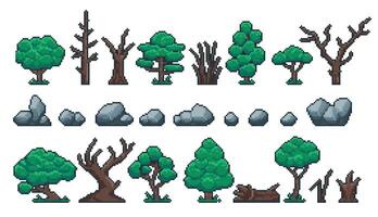 Pixel plants and stones. Retro 8 bit video game sprite assets of rocks, forest and park trees, logs, trunk and stump. Vector isolated set