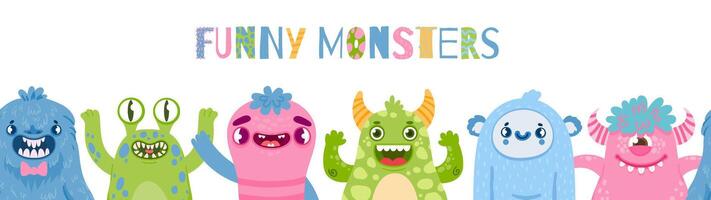 Halloween monsters banner. Happy monster party with cute characters. Cartoon scary funny monster and aliens for kids birthday vector poster