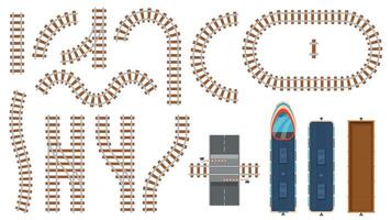 Flat railway and railroad elements top view. Train track map construction, barrier, curved rail roads, locomotive and cargo wagon vector set