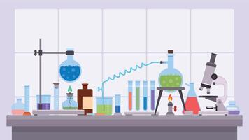 Flat science laboratory experiment with glass beakers and flask. Pharmaceutical research equipment on desk. Chemical lab test vector concept