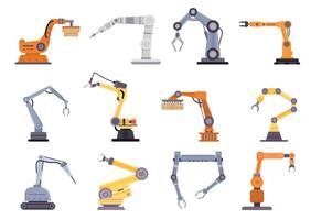 fábrica robot brazos, manipuladores y grúas para fabricar industria. plano mecánico controlar herramienta, automatización tecnología equipo vector conjunto
