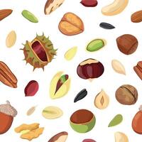 Cartoon dry nut and seed mix seamless pattern. Print with peanut, walnut, hazelnut, pecan and pistachio. Organic vegan snack vector texture