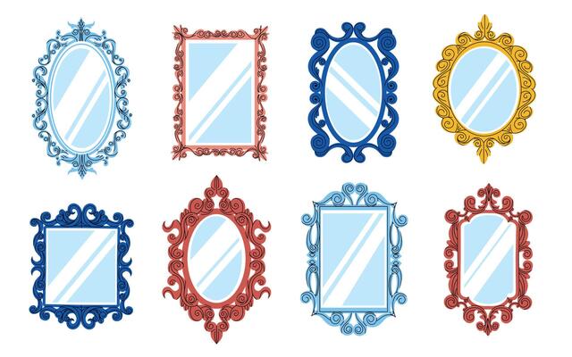 Cartoon decorative mirror. Vintage lace shiny frames with reflections different shapes, creative modern elements decor for girls. Vector isolated collection