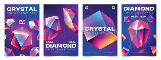 Abstract crystal posters. Triangular gemstone badges with shiny reflections, trendy jewel badges with reflections and glossy shine. Vector polygonal set