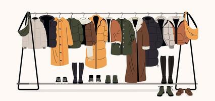 Winter clothes on racks. Men and women fashionable outfits for autumn and spring, trendy fashionable store with variety of accessories. Vector cartoon illustration