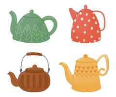 Cartoon decorative glass and ceramic teapots. Modern and vintage kettles for hot drink. Japan and chinese kitchenware vector