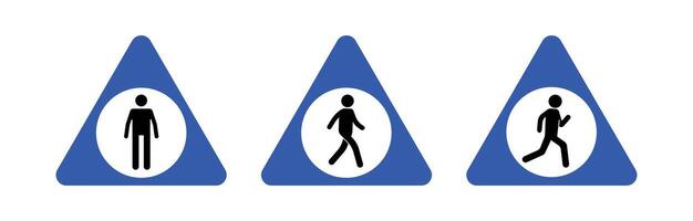 Stick man road sign. Black walking and running human figures, pedestrian silhouette pictogram. Vector human traffic icons