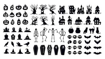 horror siluetas de miedo Víspera de Todos los Santos decoración calaveras y esqueletos, bruja sombreros, negro gatos, cuervos y cementerio ataúdes. escalofriante casa vector conjunto
