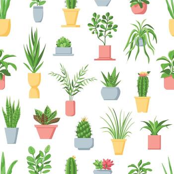 maceta plantas sin costura modelo. plantas de interior, cactus y suculentas, jardín en ollas hogar interior decoración. escandinavo estilo floral vector impresión