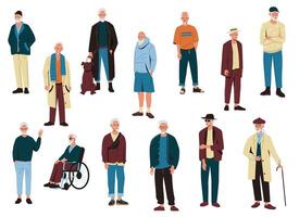 Old men. Elderly male characters in modern cartoon style, active happy retired people smiling grandpas in different poses. Vector isolated collection