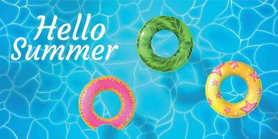 Realistic hello summer poster with pool and swimming rings. Sparkling water top view with inflatable rubber 3d ring doughnut vector banner