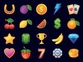 Casino slot machine icons, gambling game symbols. Cartoon elements for mobile casino app. Cherry, coins, prize trophy and cards vector set